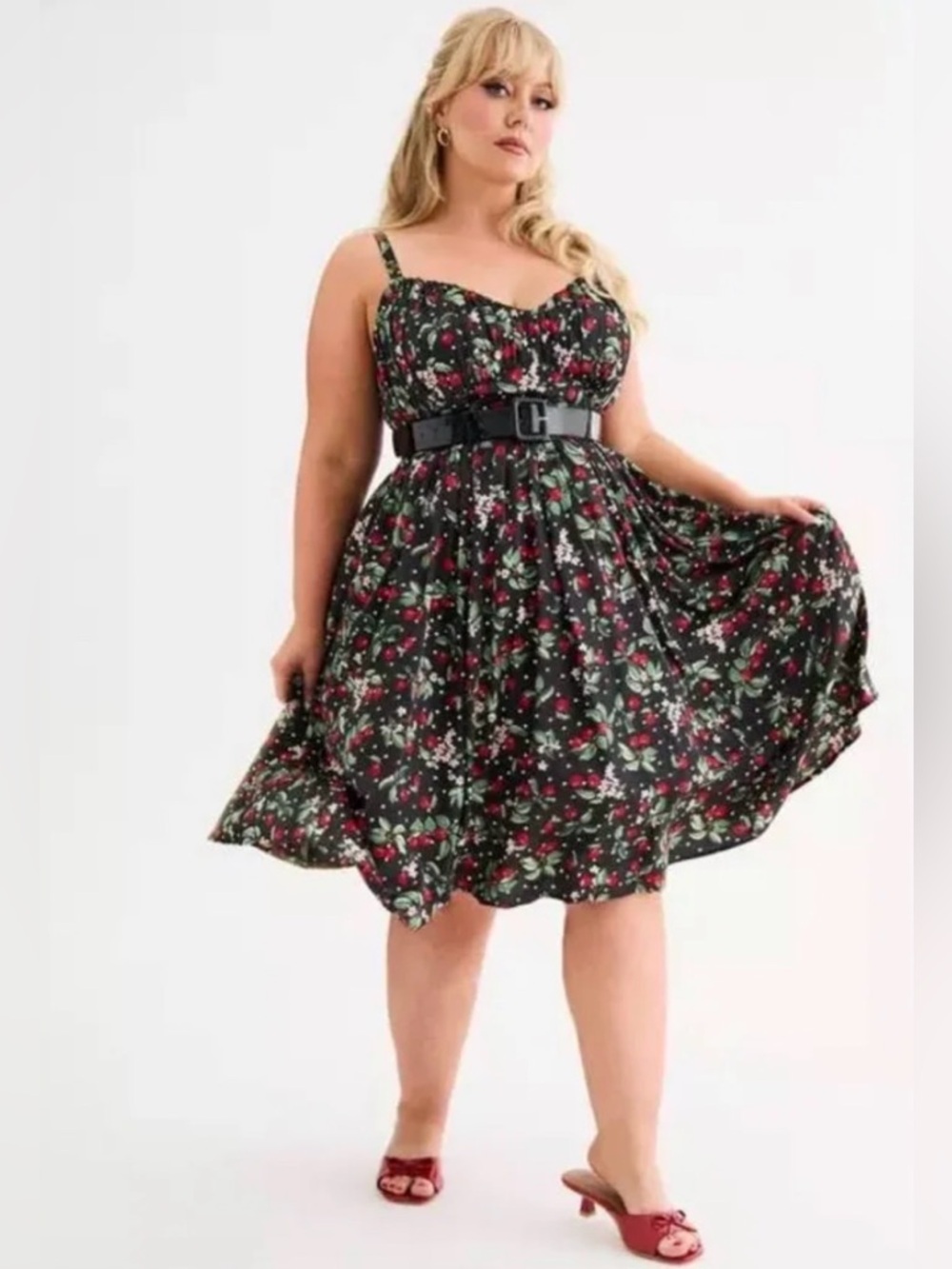 Retro Chic by Torrid Black Floral Print Midi Dress with Red Cherry Accents 🍒 - Picture 9 of 9